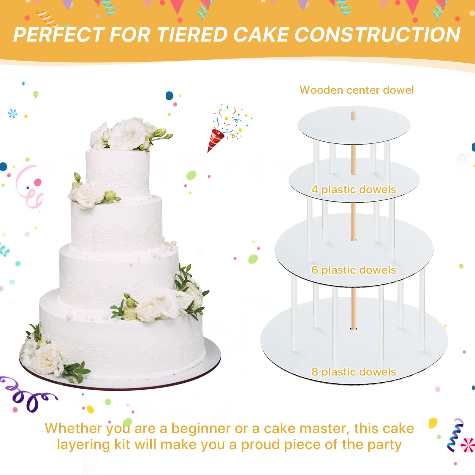 Worldity 230Pcs Cake Boards Tiering Kit, 12 Inch,10 Inch, 8 Inch, 6 Inch Cake Cardboard Rounds, Parchment Paper Rounds, Wooden D